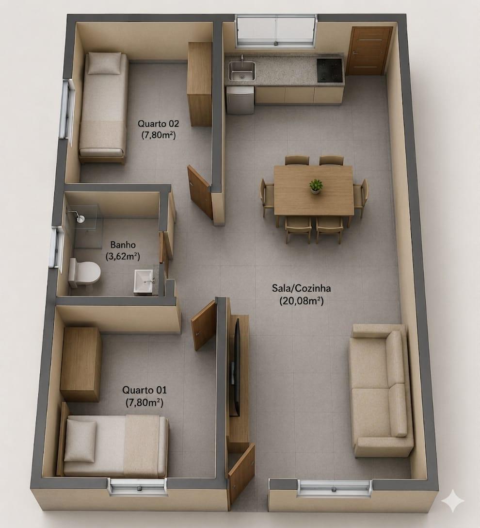 Casa à venda com 2 quartos, sala e cozinha integradas, banheiro, lavanderia, garagem e quintal amplo. Cod. 1240